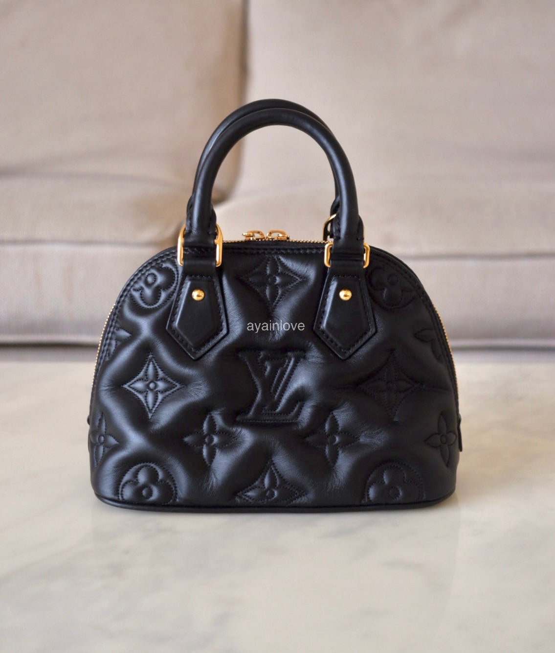 LOUIS VUITTON LV Alma BB Black Calfskin Bubblegram Bag Gold Hardware