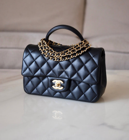 CHANEL Black Lambskin Top Handle Rectangular Mini Gold Hardware