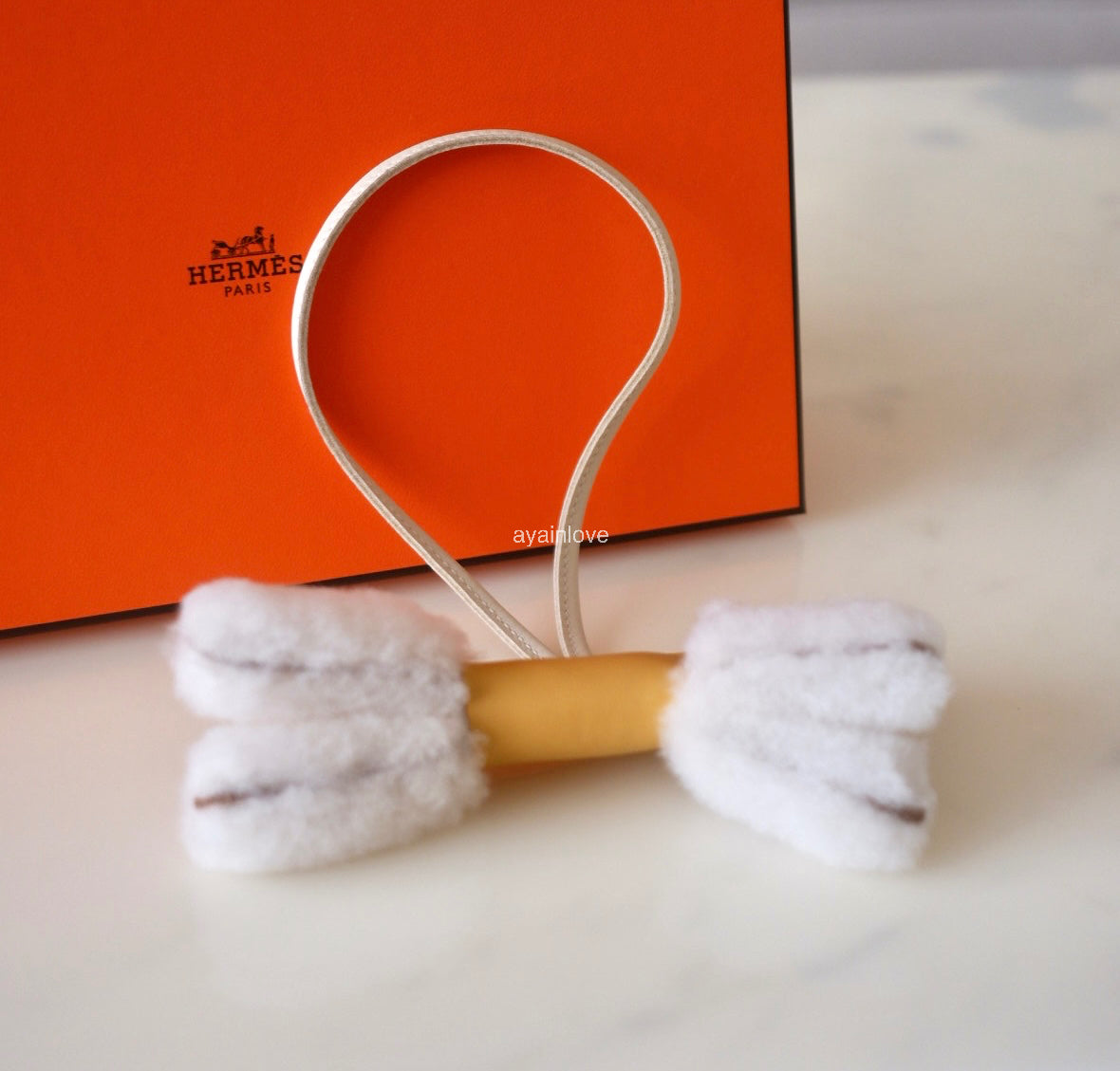 HERMES Budy Ecru/Paille/Craie Wool Leather Bag Charm K Stamp