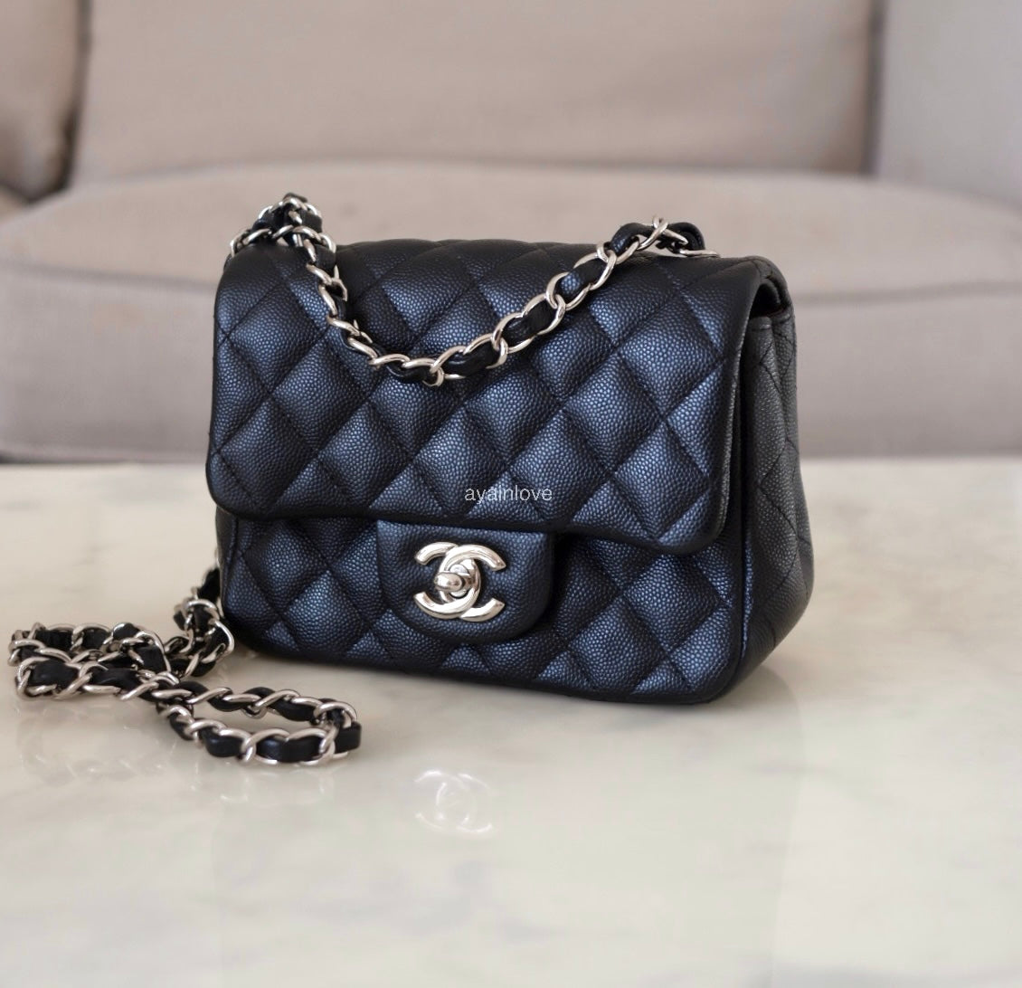 CHANEL 17B Black Caviar (Burgundy Interior) Quilted Square Mini Flap Bag Silver Hardware