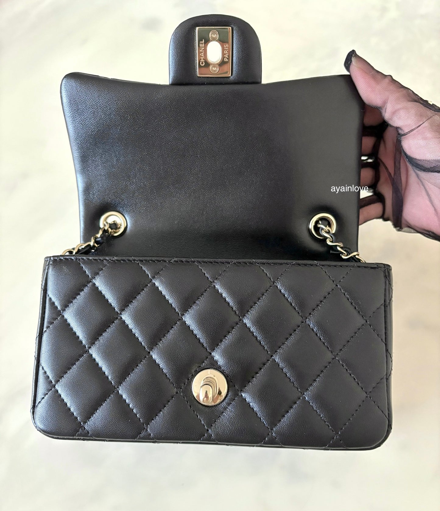 CHANEL 24K Black Lambskin Classic Rectangular Extra Mini 18cm Flap Light Gold Hardware