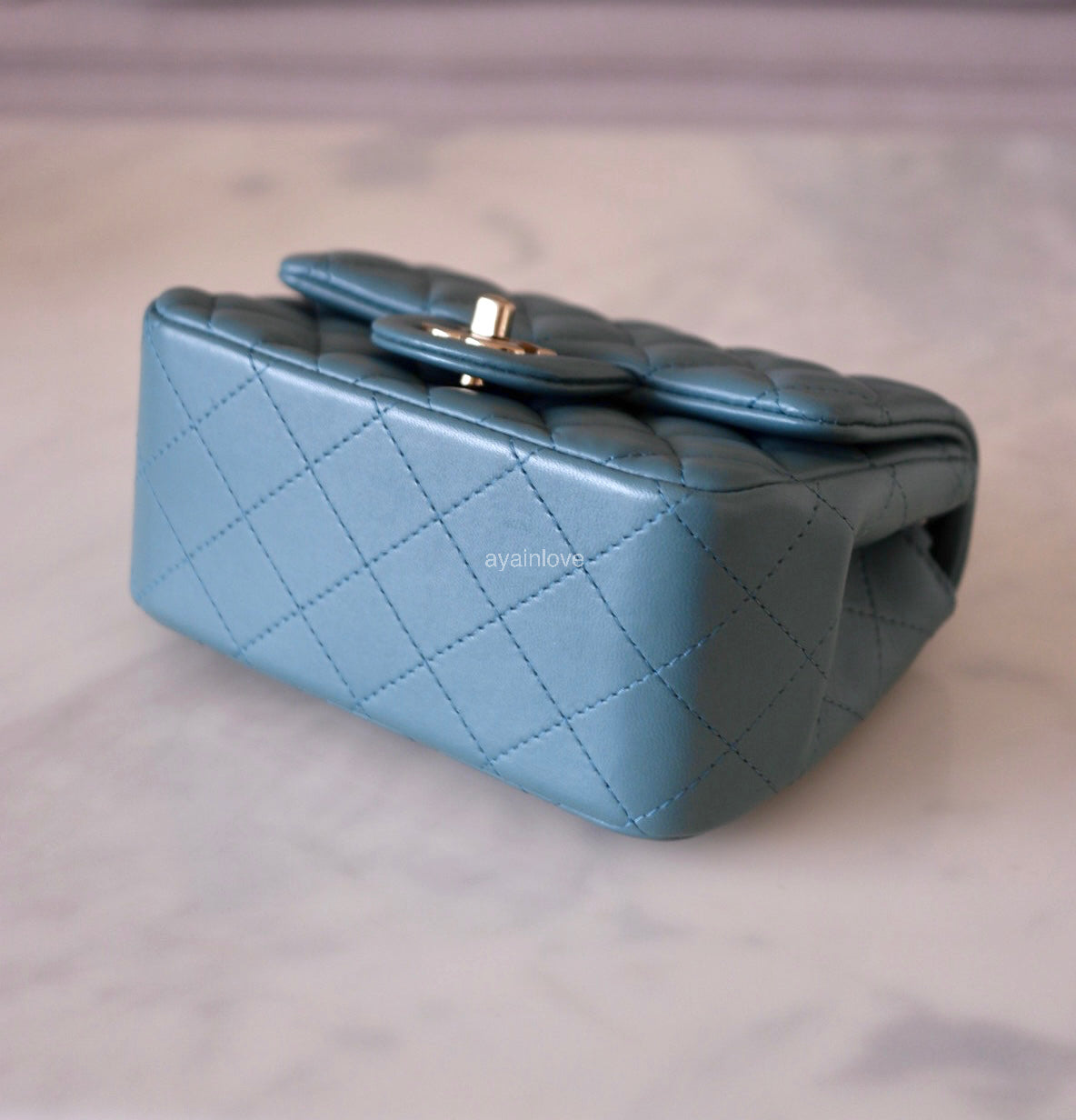 CHANEL 2022 Turquoise Blue Lambskin Microchipped Quilted Square Mini Flap Bag Light Gold Hardware