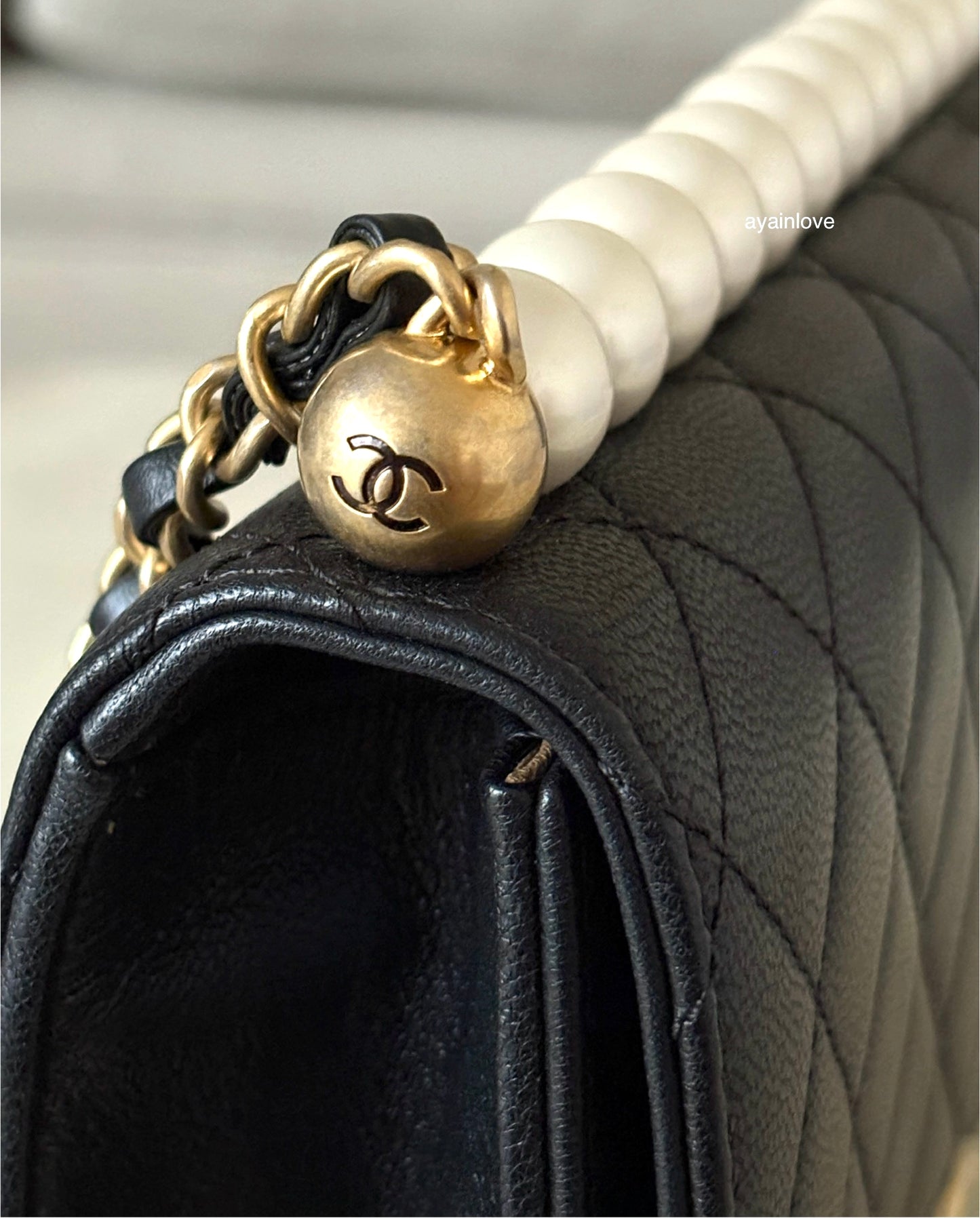 CHANEL 19S Chic Pearl Black Goatskin Flap Bag Gold Hardware