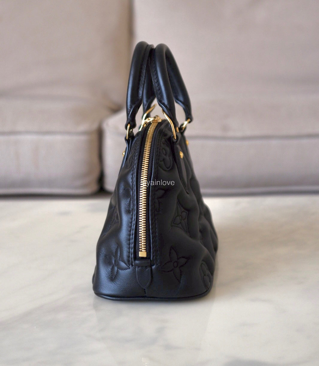 LOUIS VUITTON LV Alma BB Black Calfskin Bubblegram Bag Gold Hardware