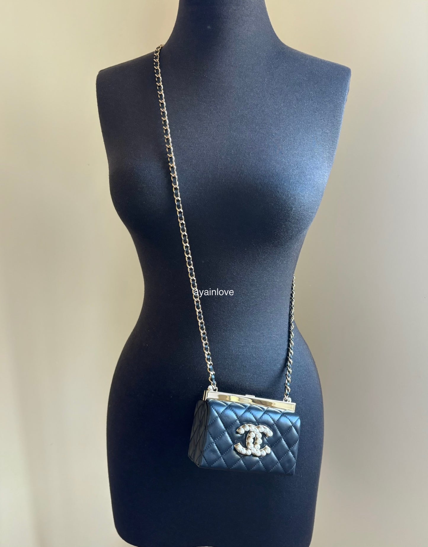 CHANEL 23A Black Lambskin CC Pearl Frame Clutch Bag Light Gold Hardware