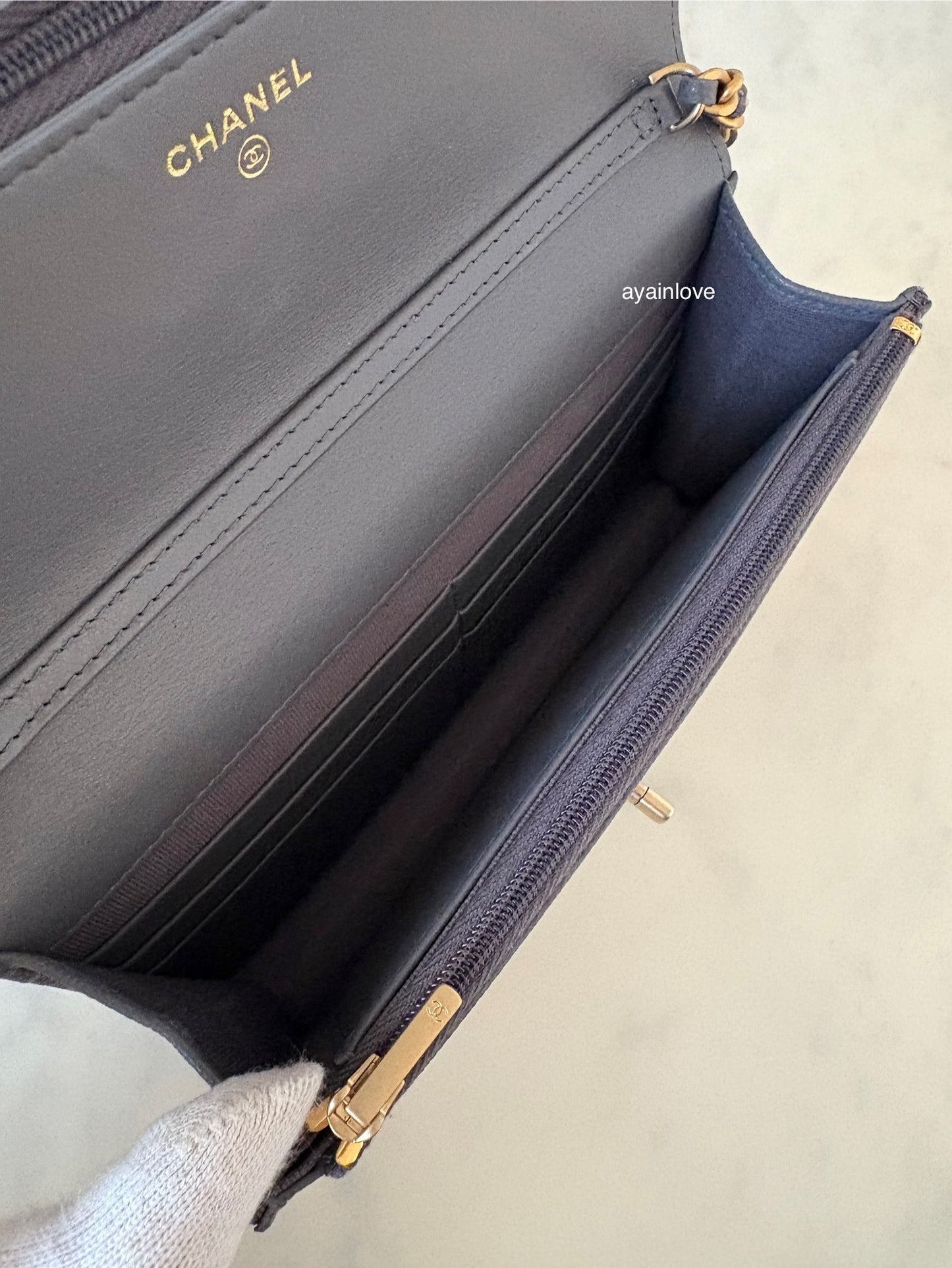 CHANEL 23K Dark Grey Caviar Camellia CC Wallet On Chain *Microchipped* Brushed Gold Hardware