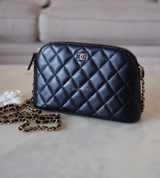 CHANEL Small Black Lambskin Zip Clutch on Chain Camera Bag Light Gold Hardware