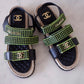 CHANEL Dad Sandals Black Green Houndstooth CC Gold Hardware Size 41