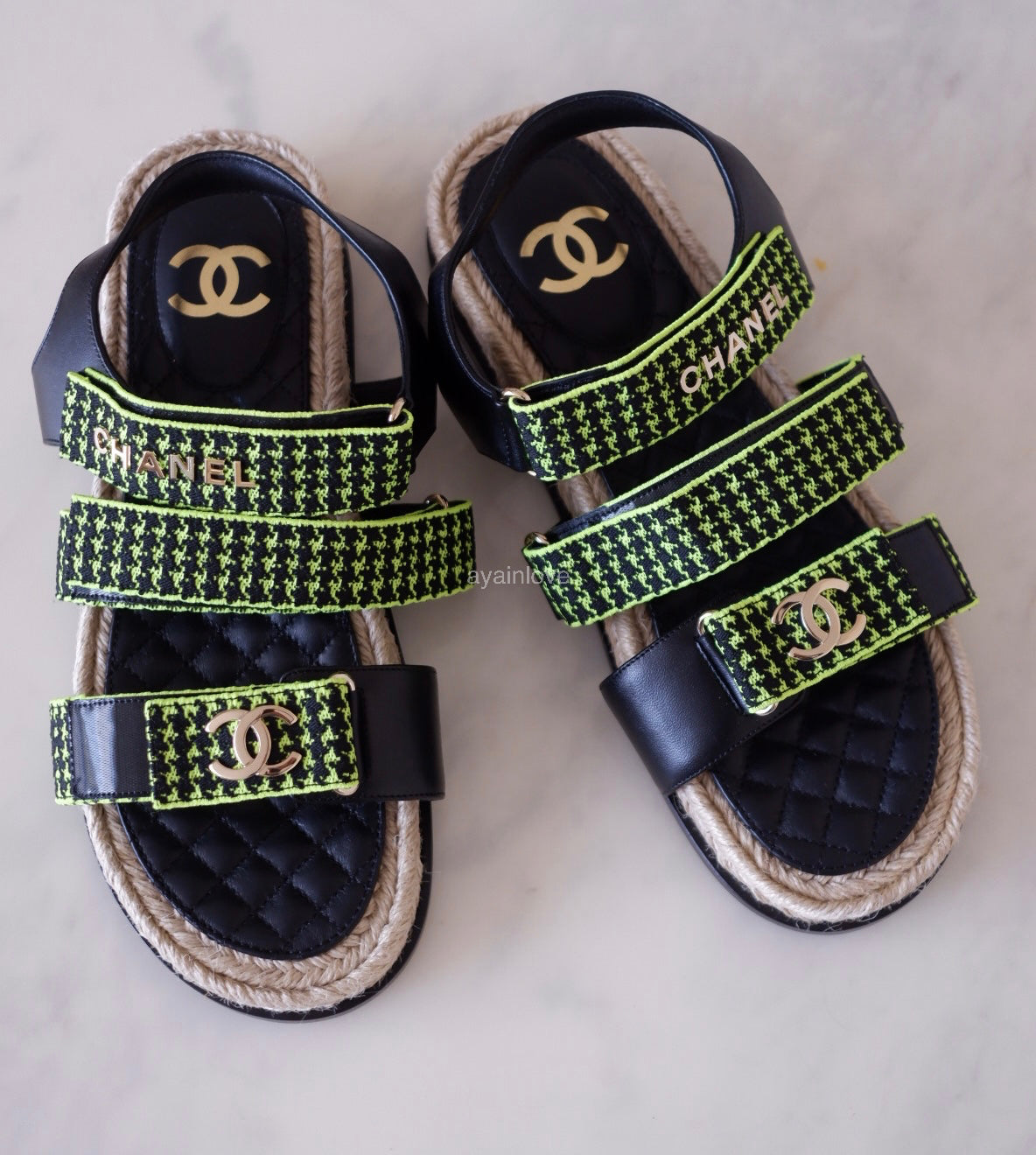 CHANEL Dad Sandals Black Green Houndstooth CC Gold Hardware Size 41