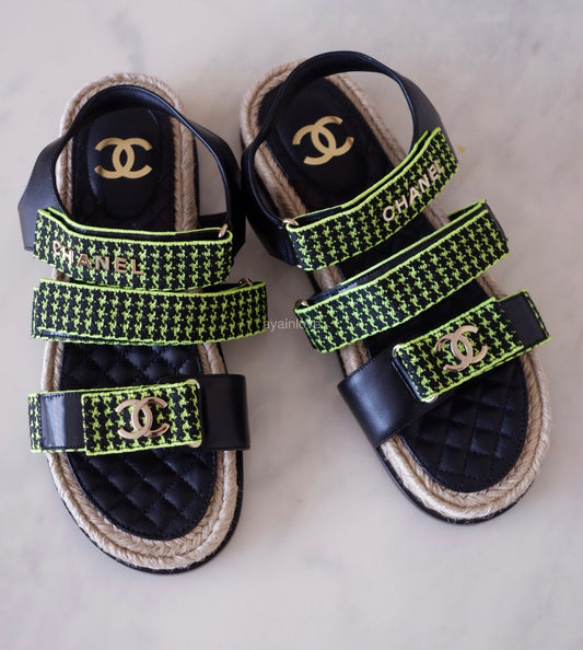 CHANEL Dad Sandals Black Green Houndstooth CC Gold Hardware Size 41