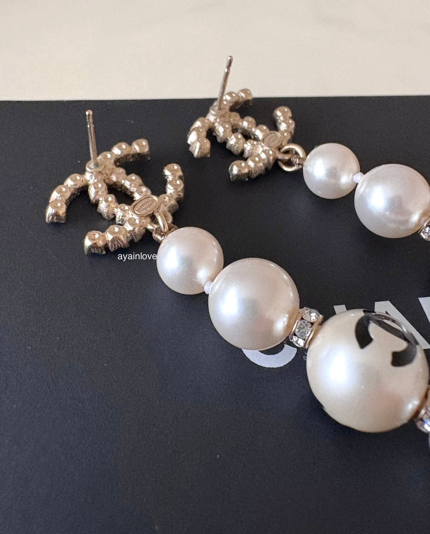 CHANEL 20P Pearl CC Crystal Drop Earrings Light Gold Hardware