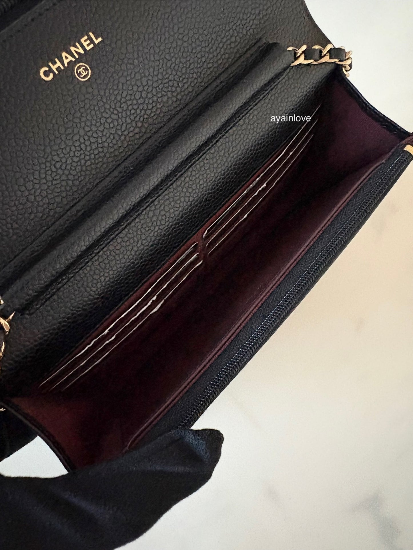 CHANEL Black Caviar Microchipped Classic Wallet On Chain Gold Hardware