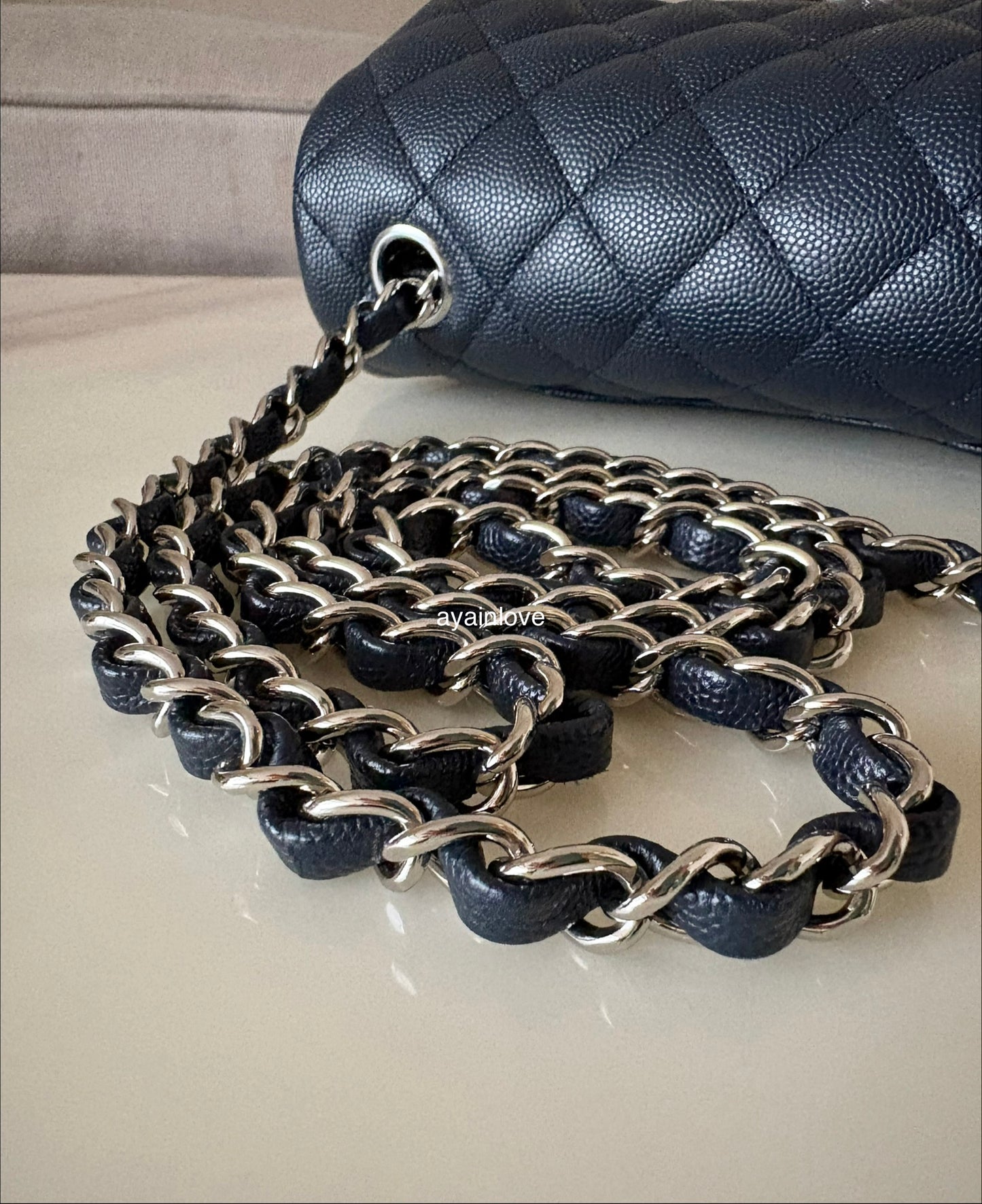 CHANEL 18B Navy Blue Caviar Quilted Rectangular Mini Flap Bag Silver Hardware