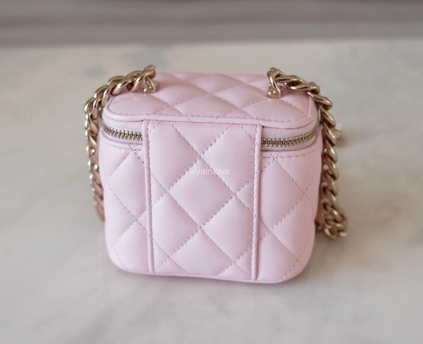 CHANEL 22S Light Pink Lamb Skin Square Vanity on Coco Chain Strap