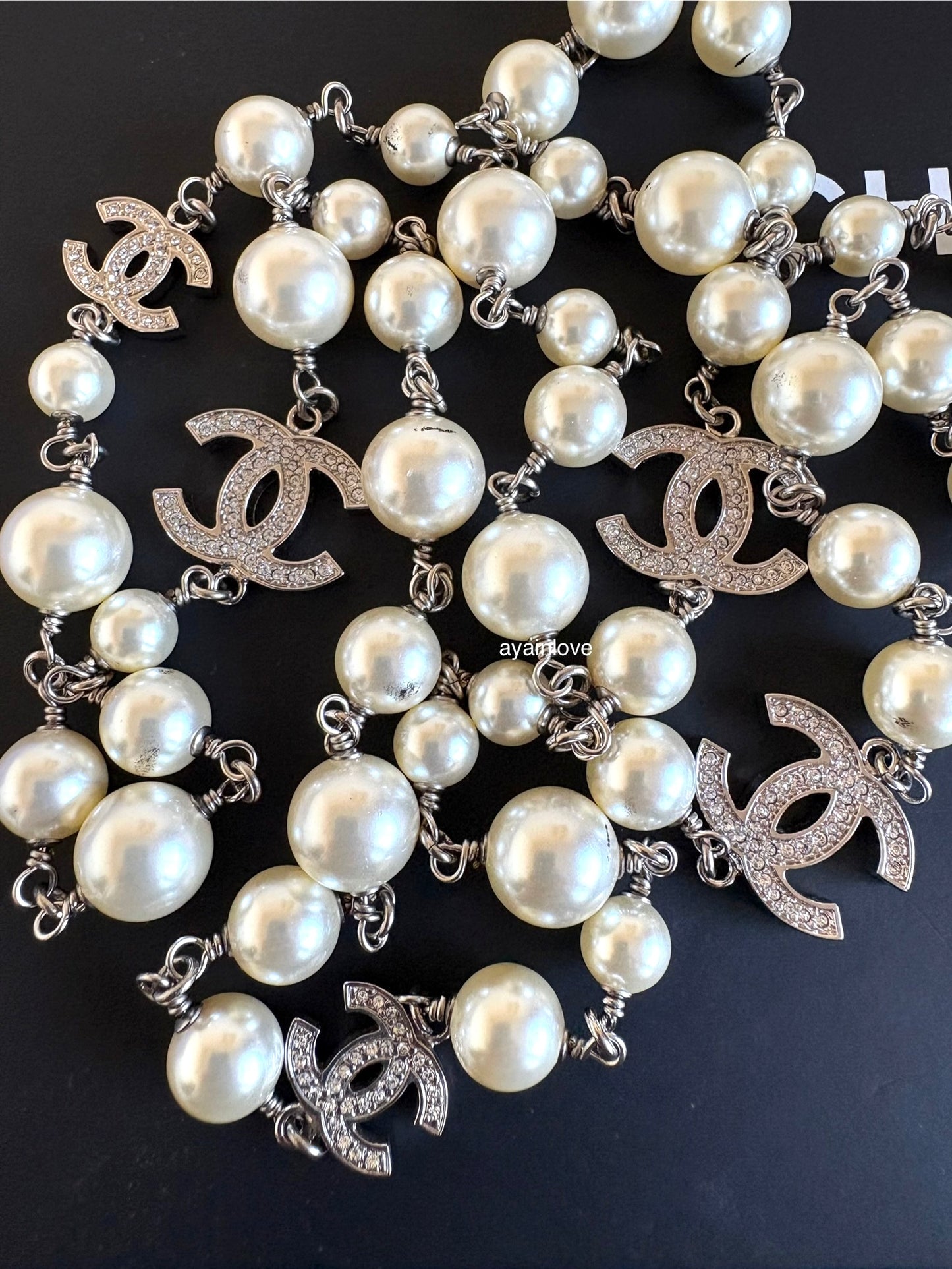 CHANEL 18V Classic Pearl CC Long Necklace Silver Hardware