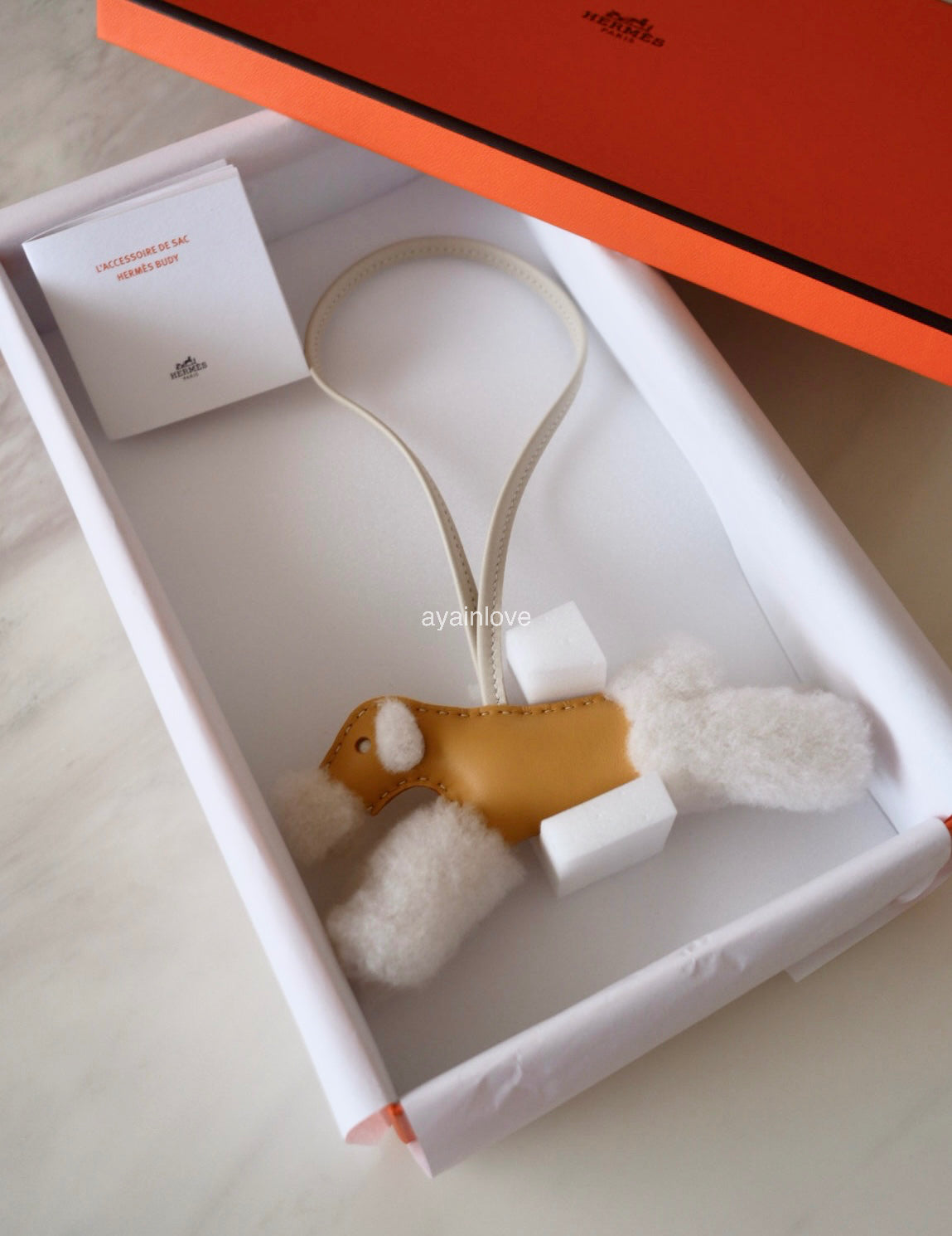 HERMES Budy Ecru/Paille/Craie Wool Leather Bag Charm K Stamp