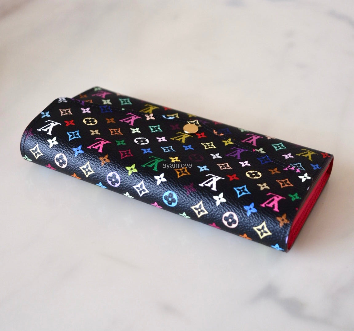 LOUIS VUITTON LV Black Murakami Multicolour Sarah Wallet Gold Hardware