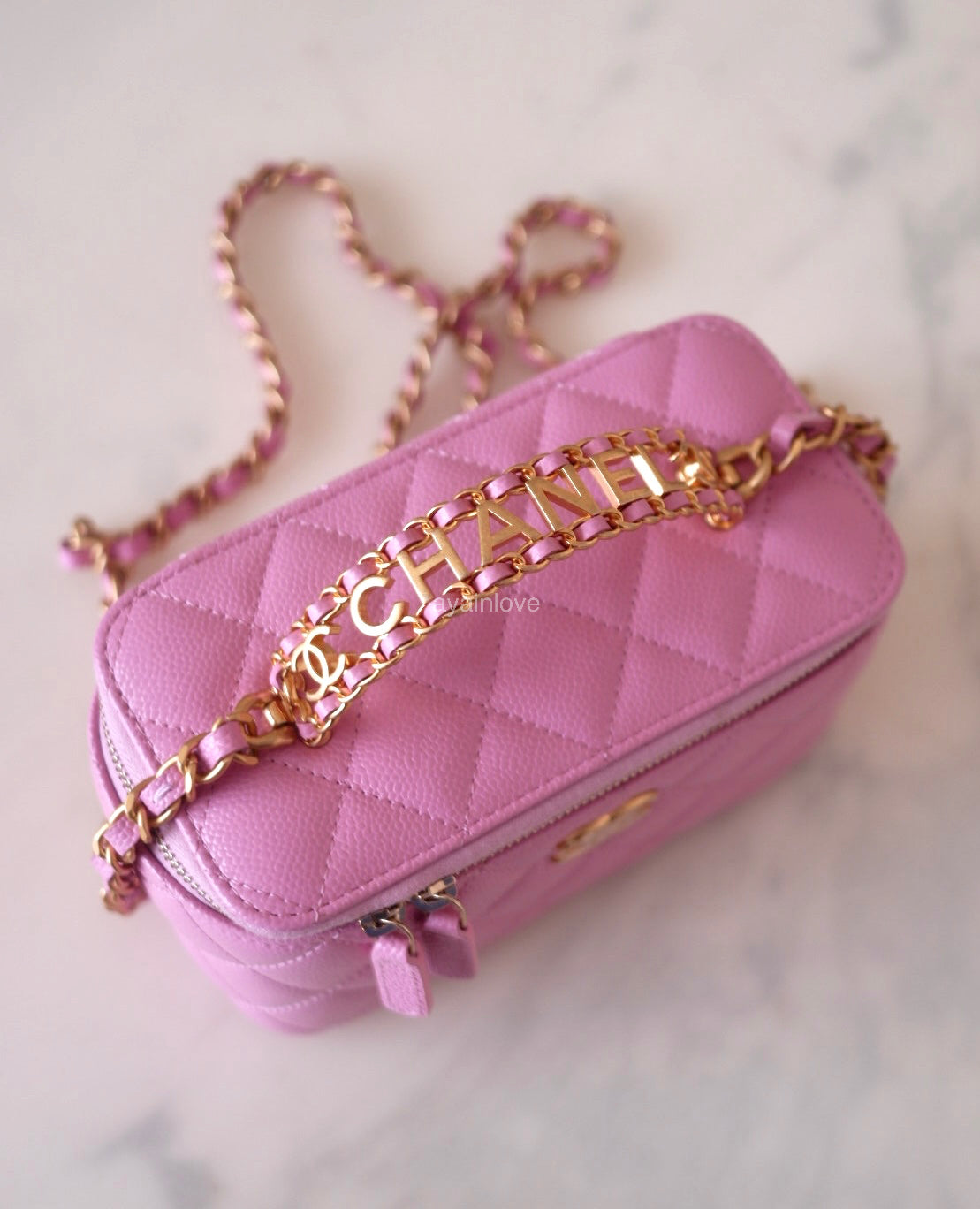CHANEL 22S Pick Me Up Pink Caviar Top Handle Vanity Brushed Gold Hardware