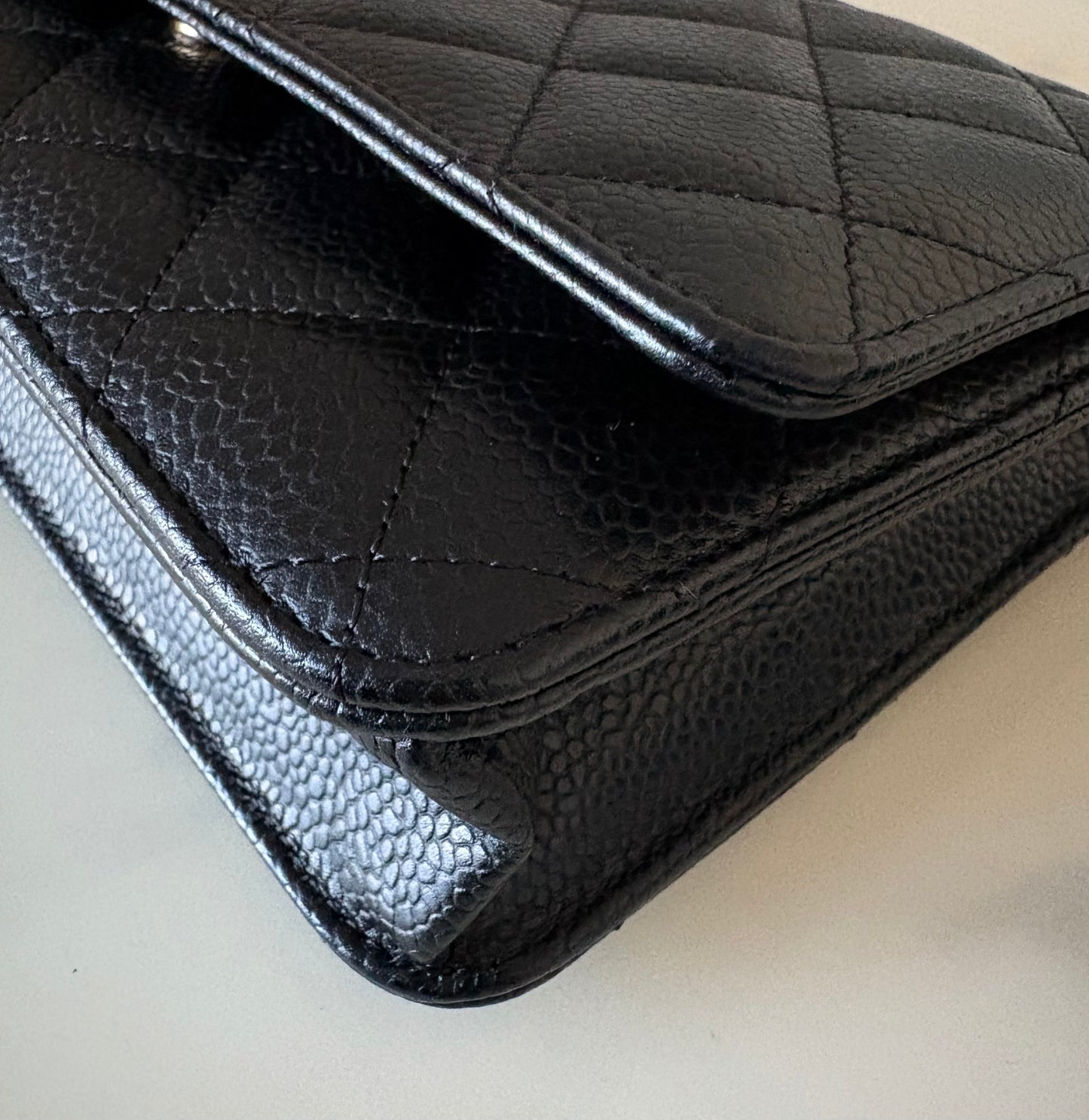 CHANEL Black Caviar Microchipped Classic Wallet On Chain Gold Hardware