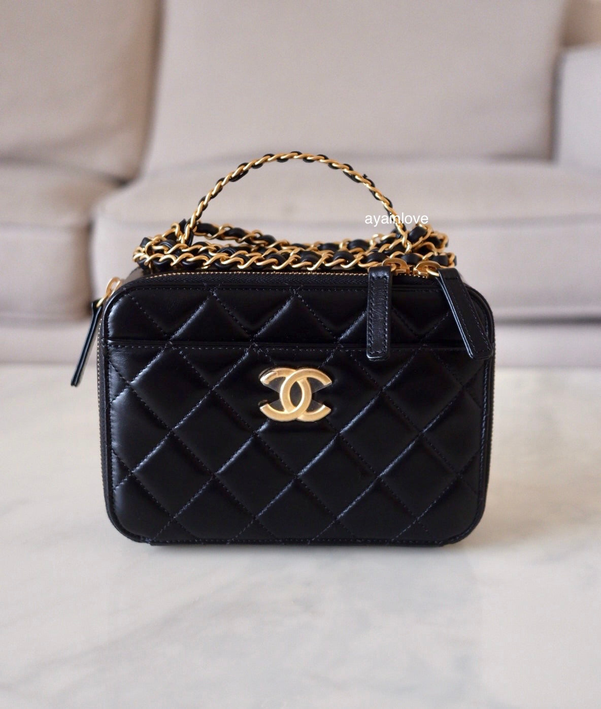 CHANEL 23S Black Lambskin Pick Me Up Quilted Vanity Case Camera Bag Gold Hardware