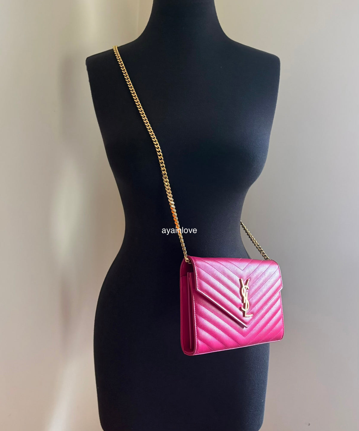 Yves Saint Laurent YSL Classic Cassandre Fuchsia Chevron Quilting Wallet on Chain Gold Hardware