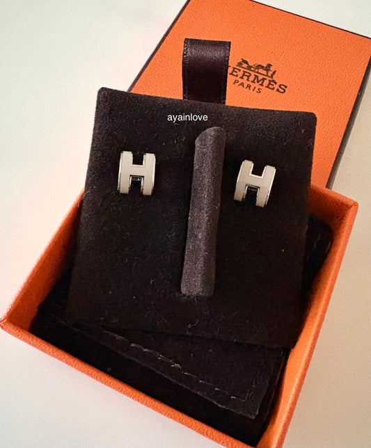 HERMES H Pop Mini Grey Maroon Glace Stud Earrings Palladium Hardware