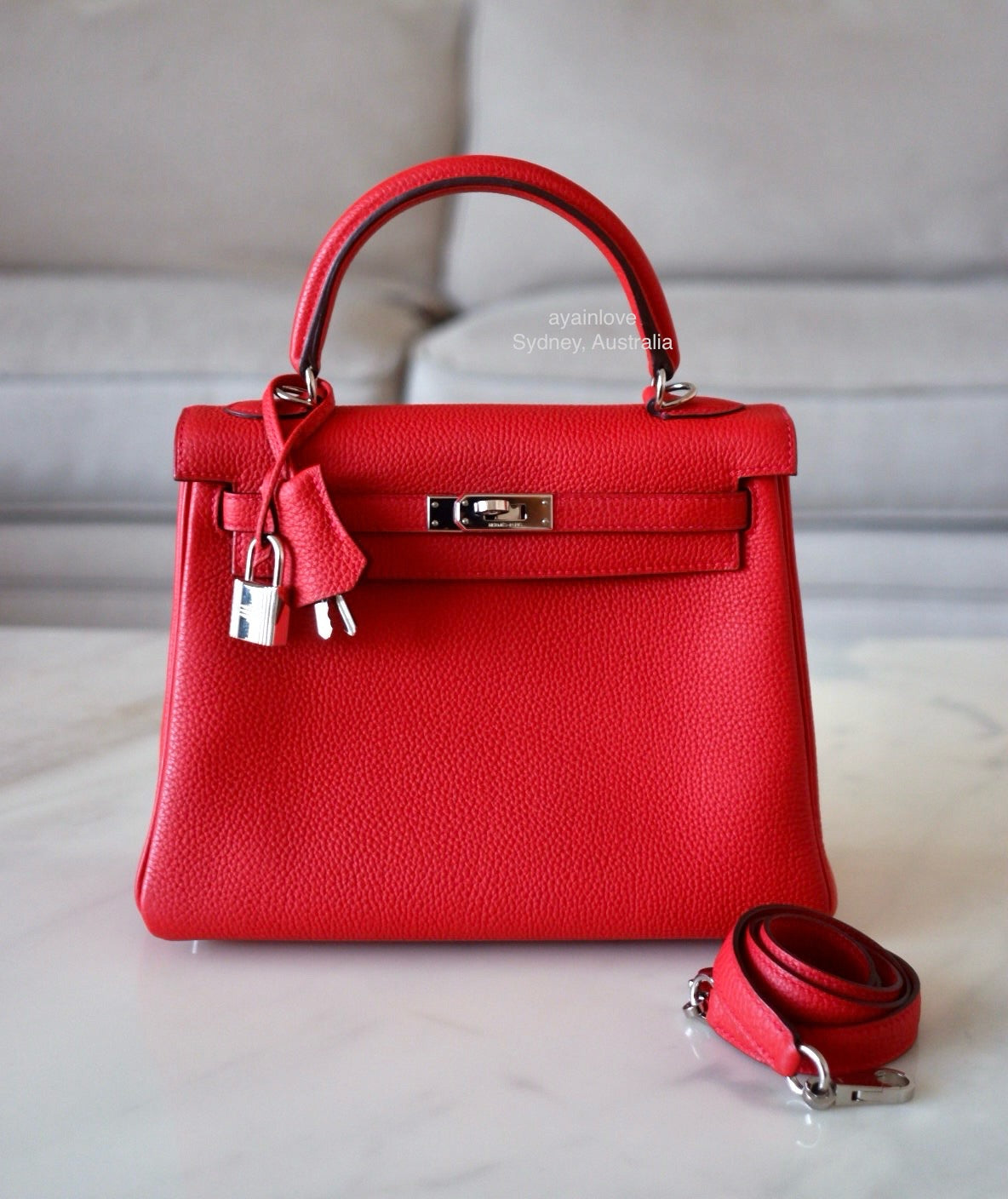 HERMES Kelly 25 Geranium Togo Retourne Palladium Hardware X Stamp