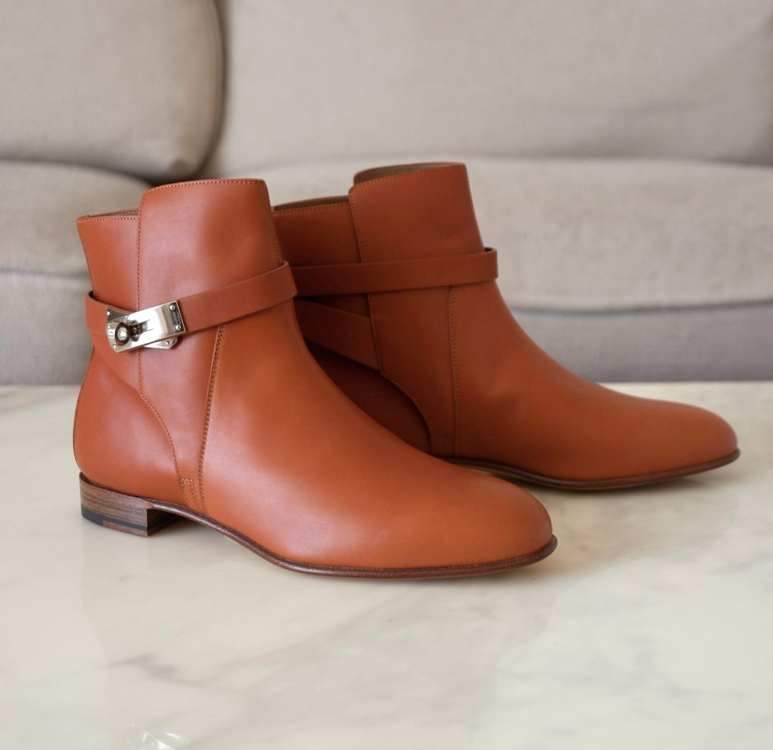 HERMES Naturel Brown Calfskin Neo Ankle Kelly Boots Shoes Palladium Hardware Size 39