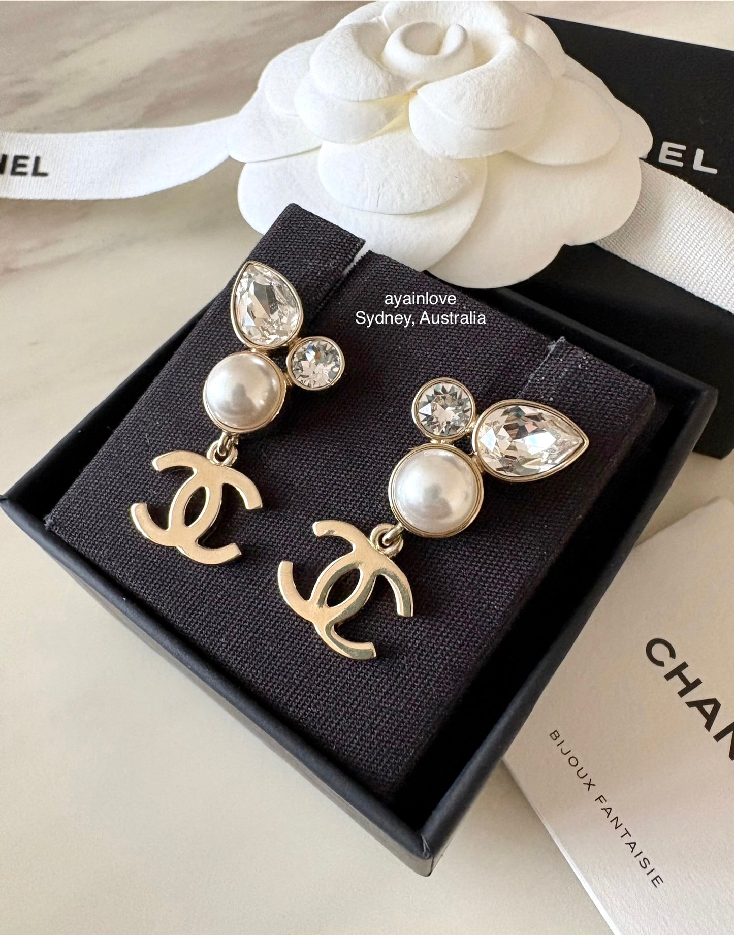 CHANEL 22C CC Crystal Drop Earrings Light Gold Hardware
