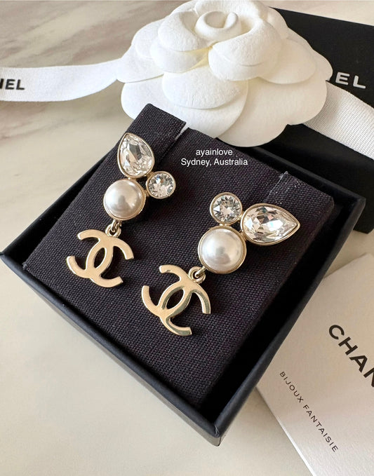 CHANEL 22C CC Crystal Drop Earrings Light Gold Hardware