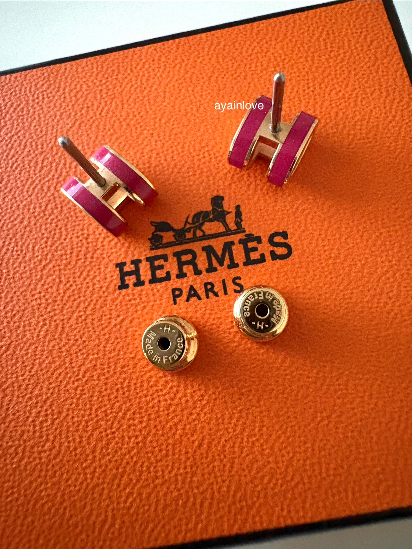 HERMES H Pop Mini Framboise Stud Earrings Rose Gold Hardware