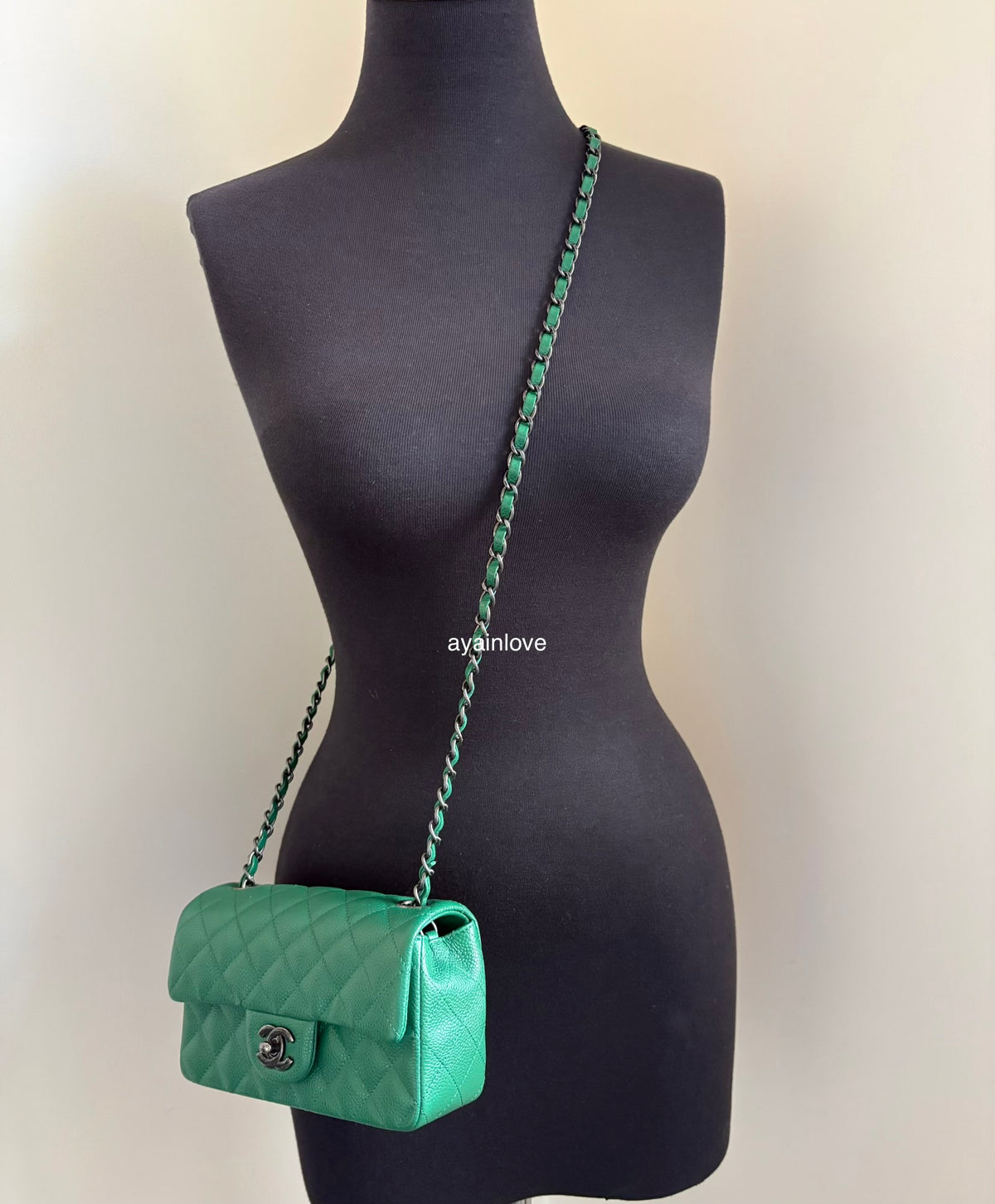 CHANEL Green Caviar Classic Quilted Rectangular Mini Flap Bag Ruthenium Hardware