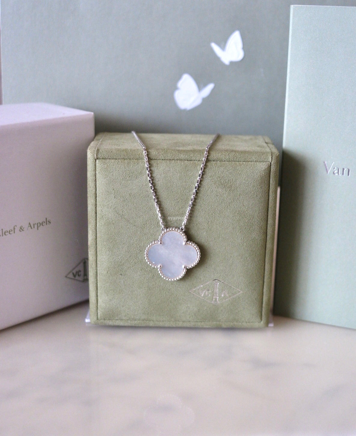 Van Cleef Arpels VCA White Mother of Pearl Magic Alhambra Pendant Necklace 18KT White Gold