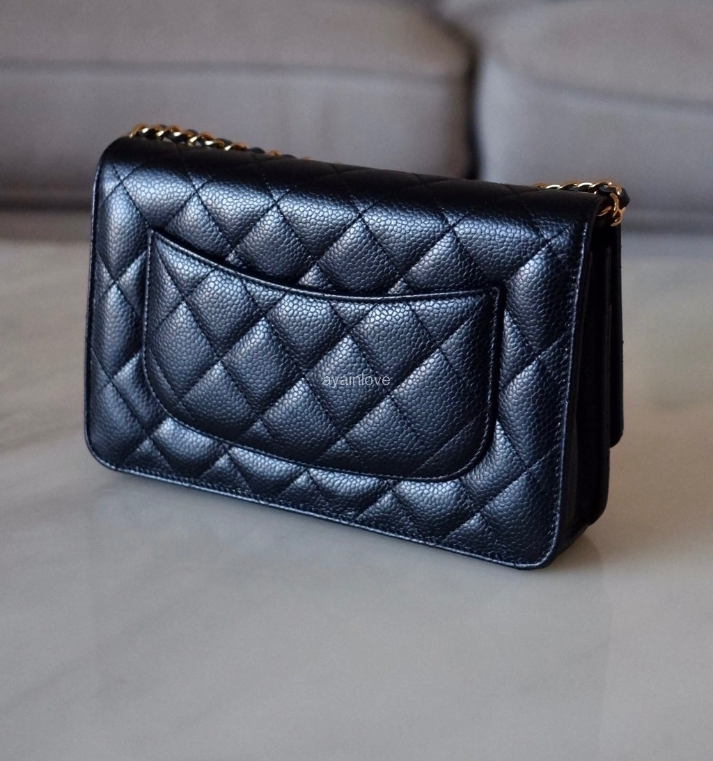 CHANEL Black Caviar Microchipped Classic Wallet On Chain Gold Hardware