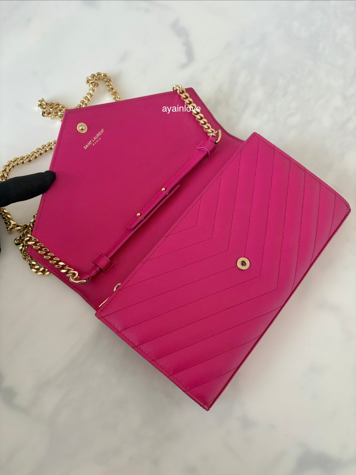 Yves Saint Laurent YSL Classic Cassandre Fuchsia Chevron Quilting Wallet on Chain Gold Hardware