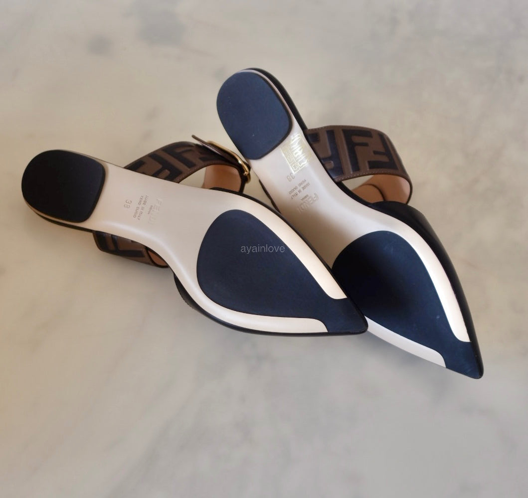 FENDI Vitello Maya Black FF Embossed Monogram Buckle Flat Slides Mules Size 38