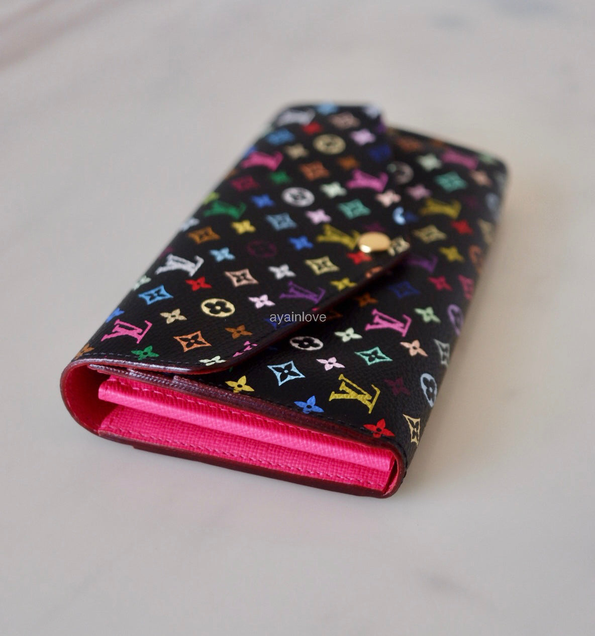 LOUIS VUITTON LV Black Murakami Multicolour Sarah Wallet Gold Hardware