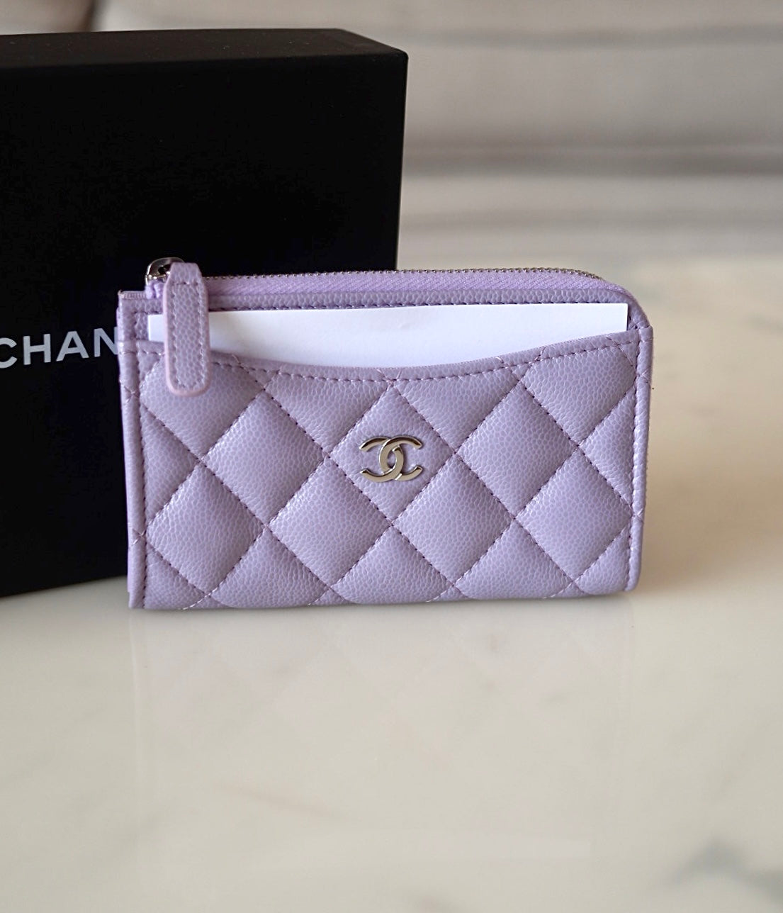 CHANEL Light Purple Caviar New Style XL Zippy Card Holder Wallet Silver Hardware