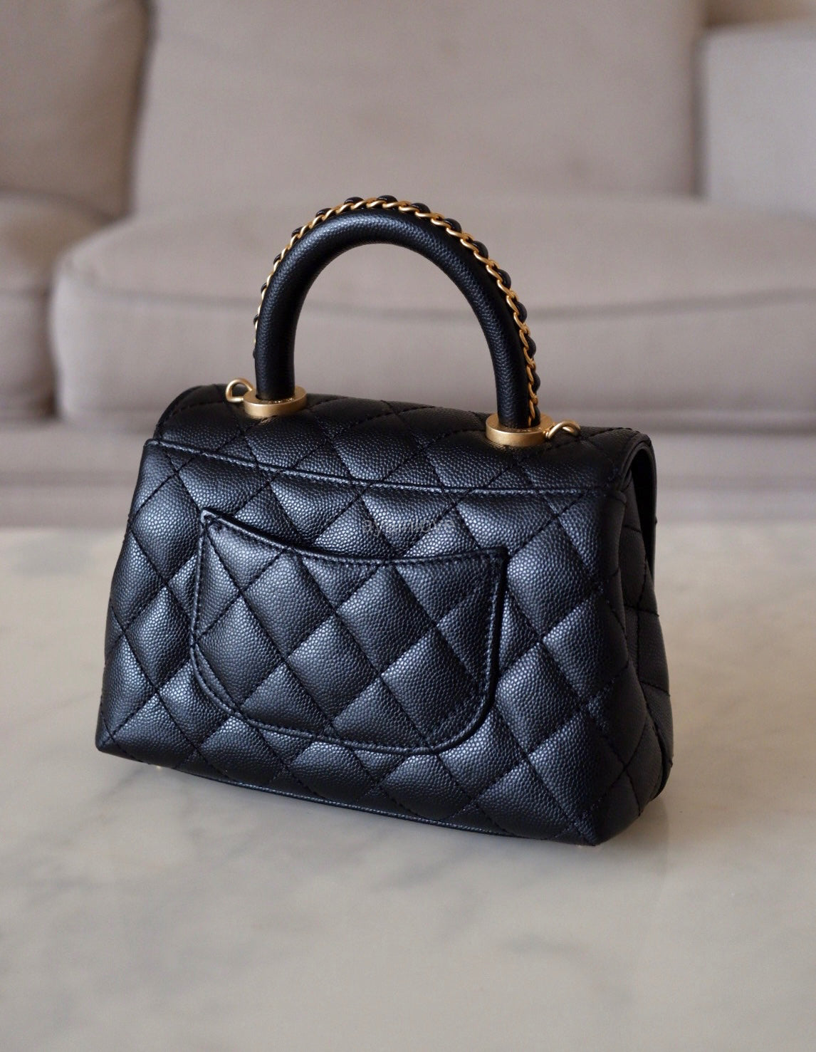 CHANEL Black Caviar Coco Chain Leather Handle Mini 19cm *Microchipped* Brushed Gold Hardware