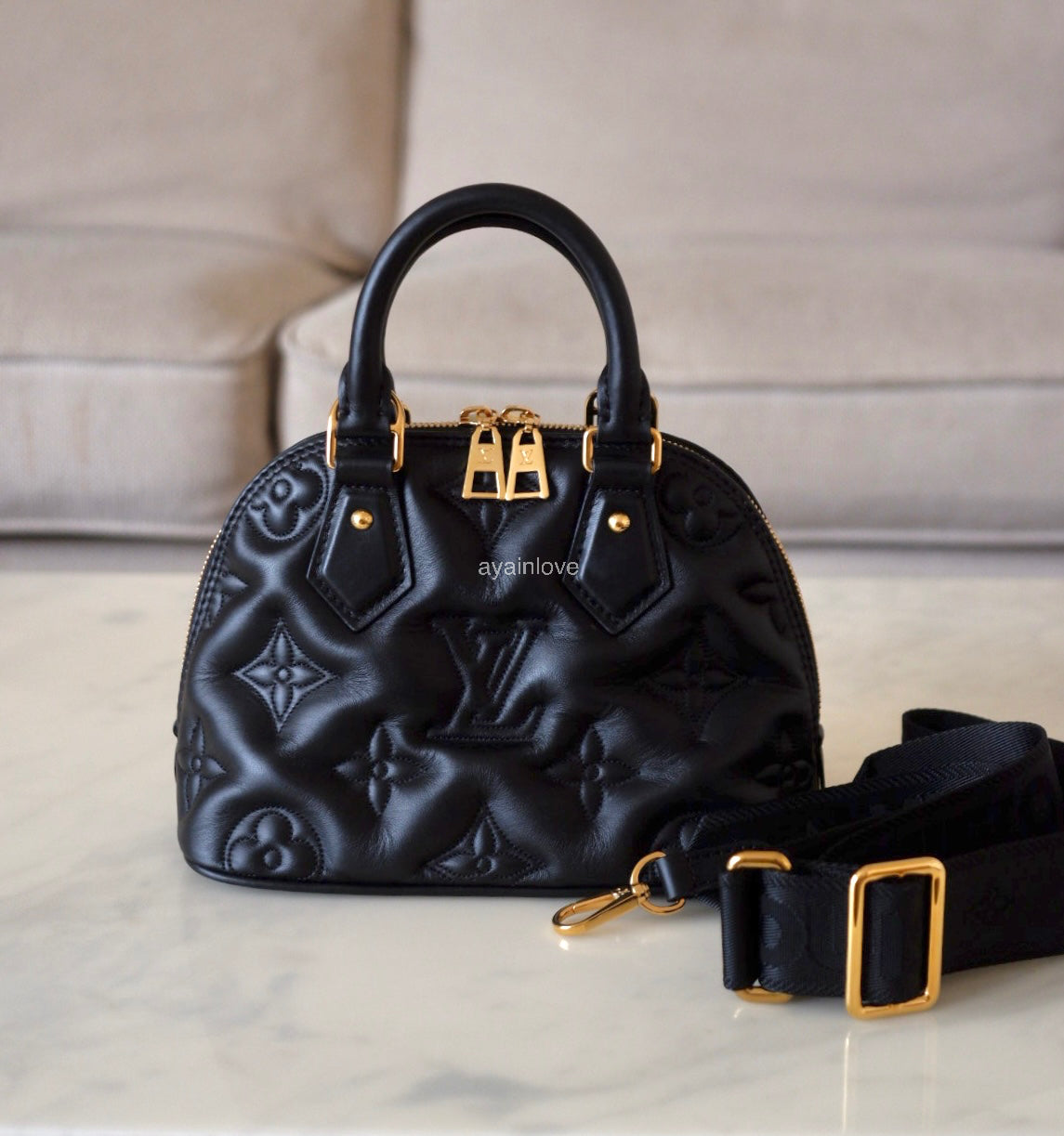 LOUIS VUITTON LV Alma BB Black Calfskin Bubblegram Bag Gold Hardware