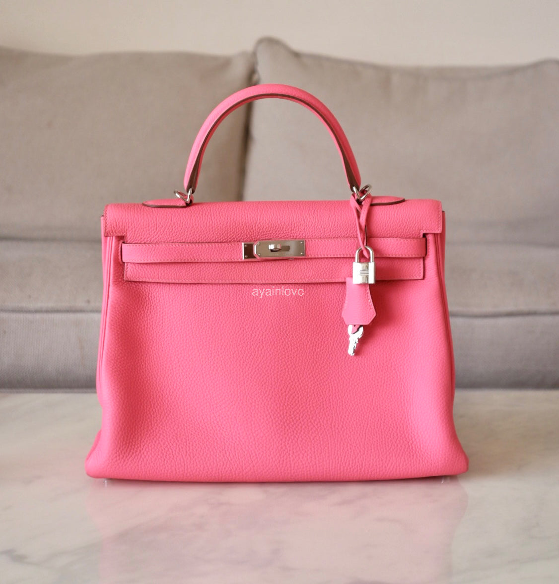 HERMES Kelly 35 Pink Rose Lipstick Togo Palladium Hardware Q Square Stamp