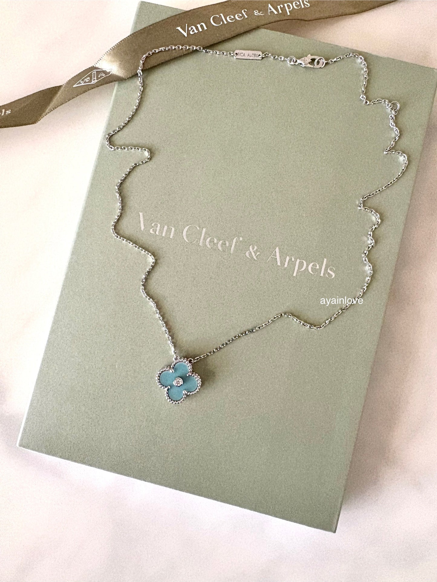 VAN CLEEF ARPELS VCA 18KT White Gold Limited 2022 Holiday Pendant Tiffany Blue Diamond Vintage Alhambra