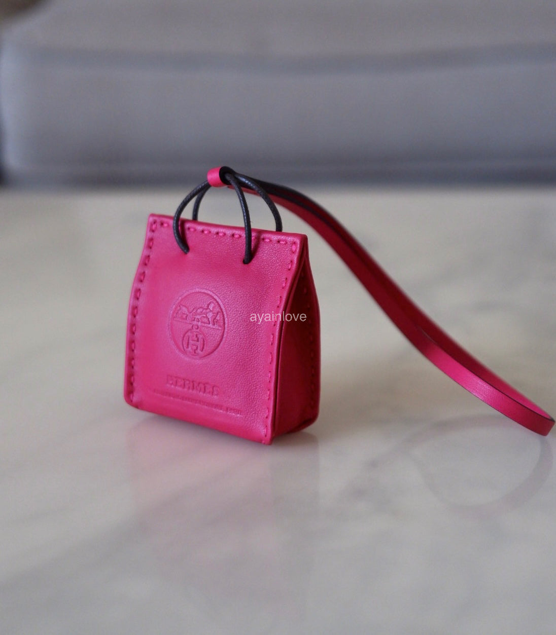 HERMES Pink Rose Mexico Leather Shopping Sac Bag Charm
