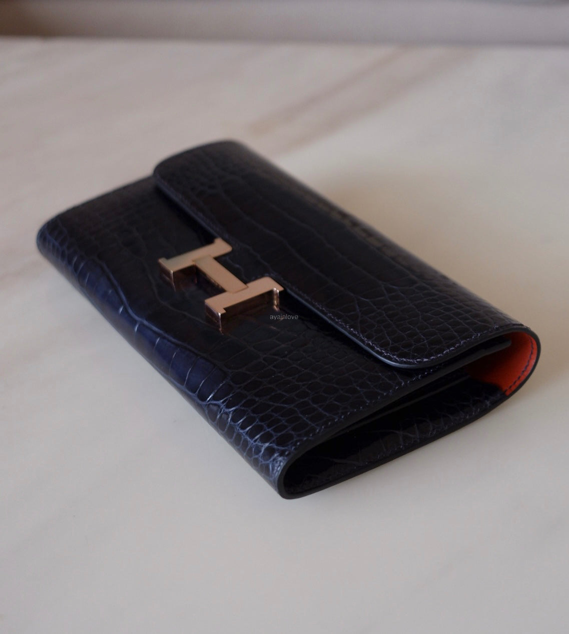 HERMES Constance Blue Marine Shiny Alligator Bicolor Verso Cuivre Long Wallet To Go Rose Gold Hardware