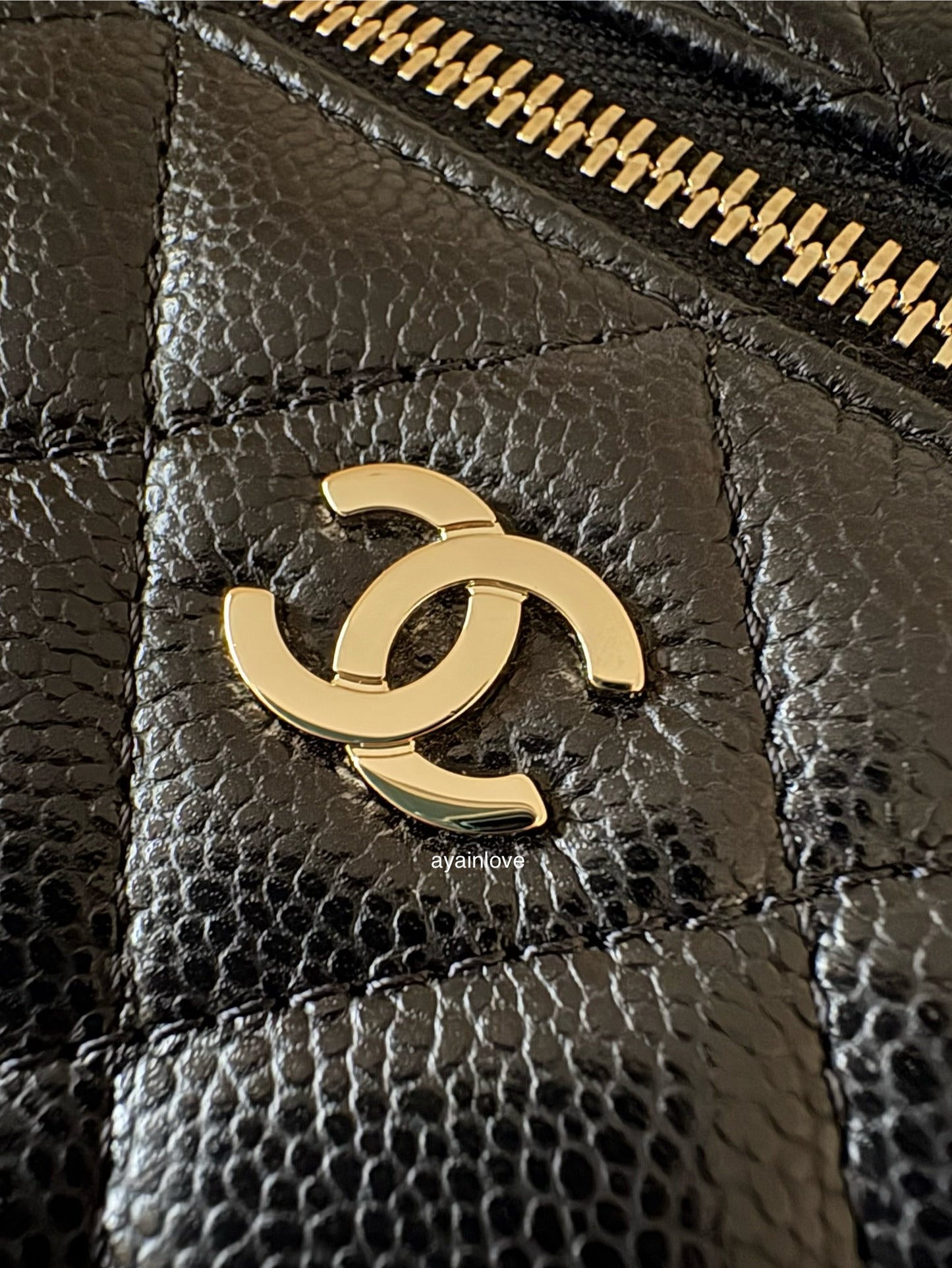 CHANEL 2025 Black Caviar Top Handle Flat Vanity on Chain Light Gold Hardware