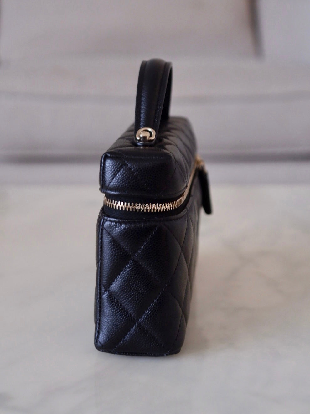 CHANEL 2025 Black Caviar Top Handle Flat Vanity on Chain Light Gold Hardware