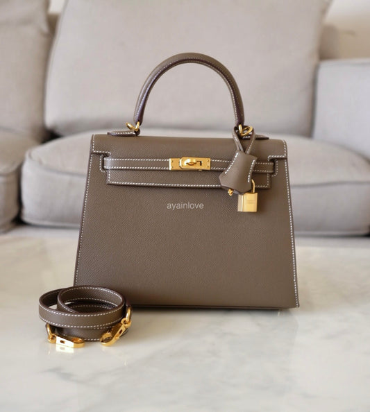 HERMES Kelly 25 Etoupe Epsom Bag Gold Hardware W Stamp