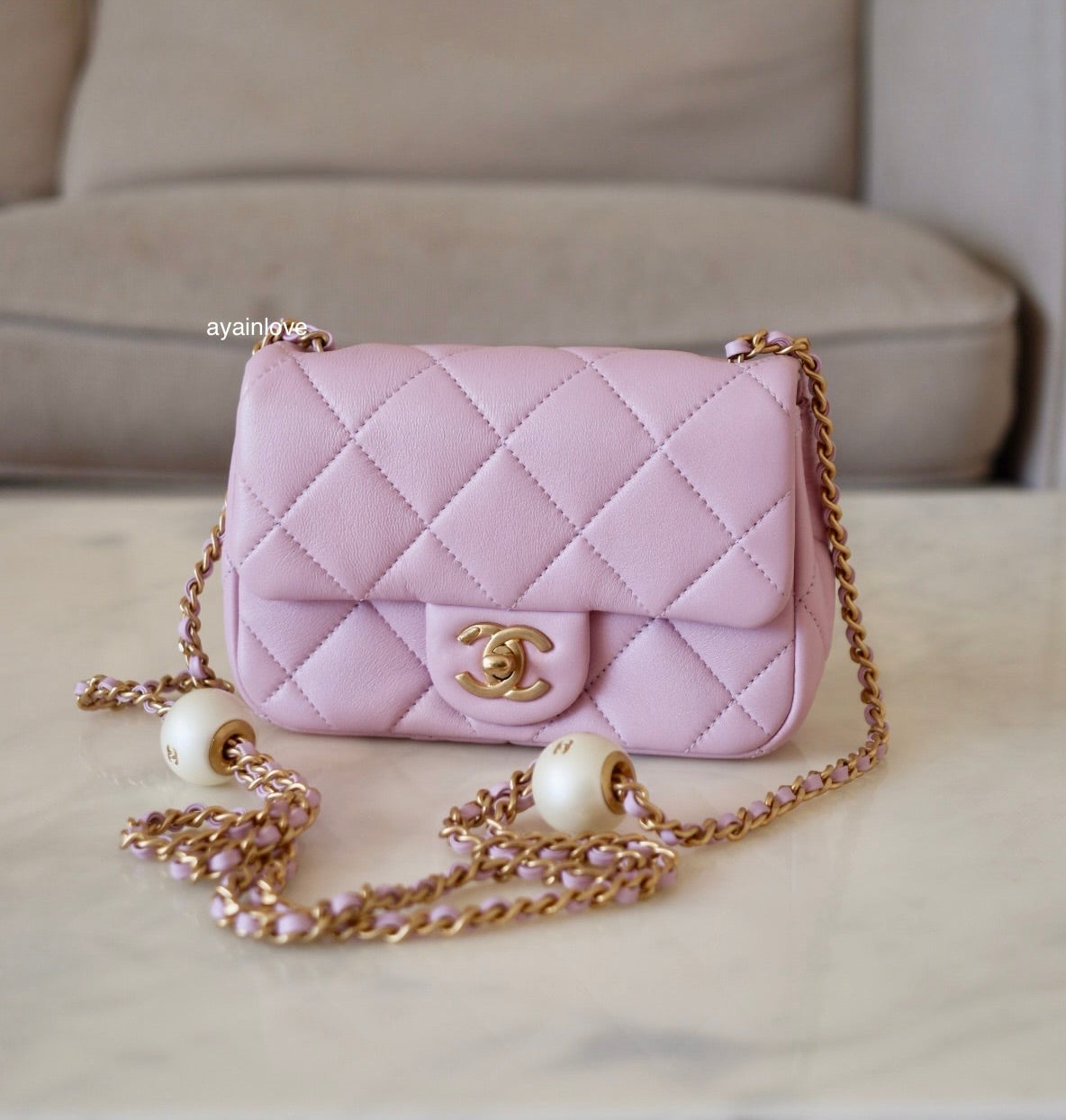 CHANEL 24S Pink Lambskin Twin Pearls Quilted Mini Flap Bag Adjustable Gold Hardware