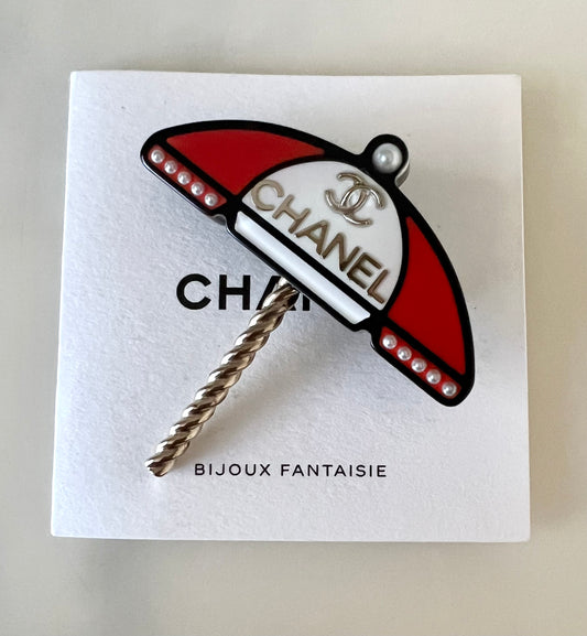 CHANEL 19S By The Sea CC Umbrella Resin Red White Brooch Light Gold Hardware