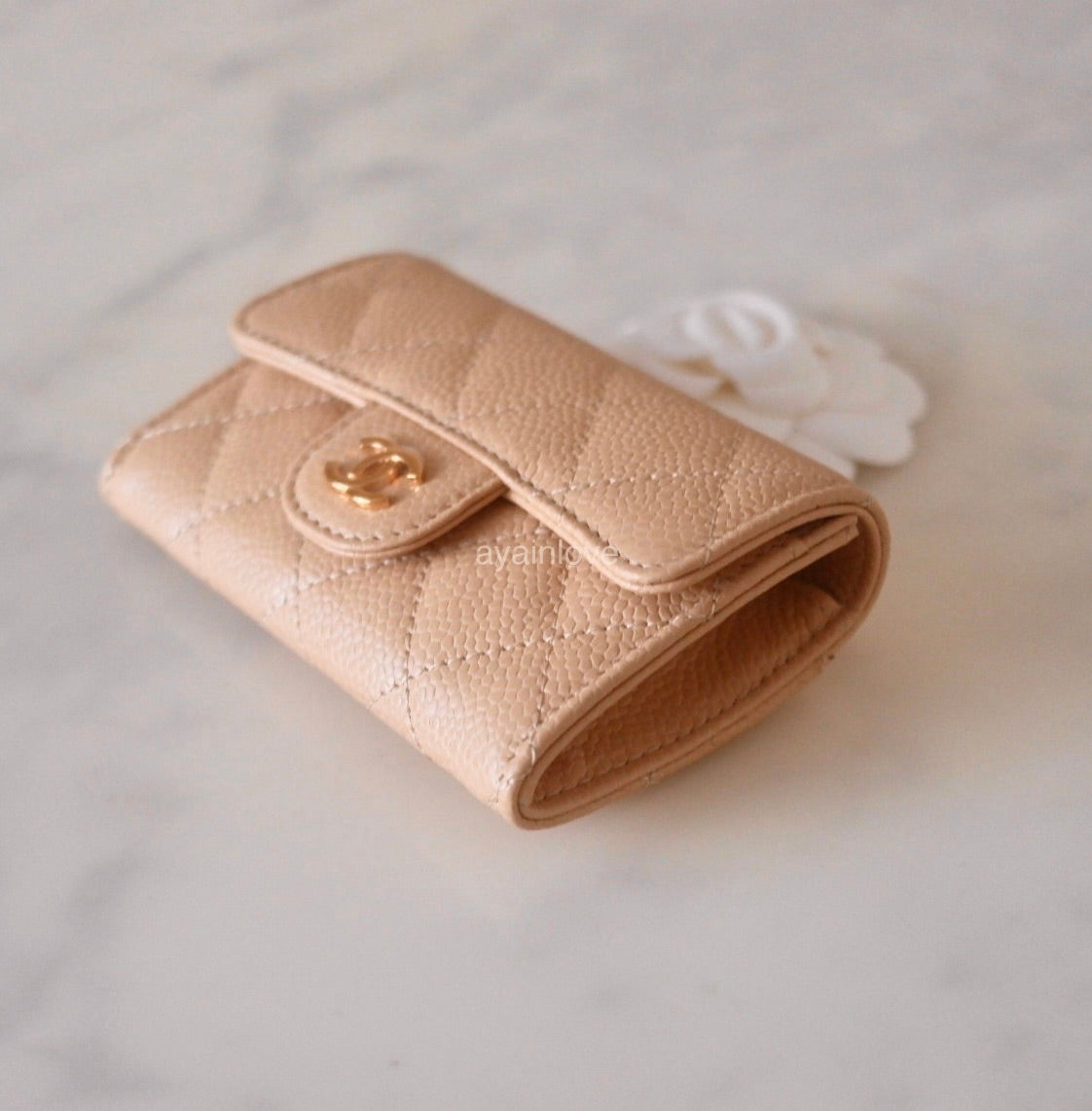 CHANEL Classic Beige Clair Caviar Small Snap Card Holder Gold Hardware